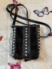 Raviani Black Leather Cowhide Rhinestone Small Crossbody Purse Bag
