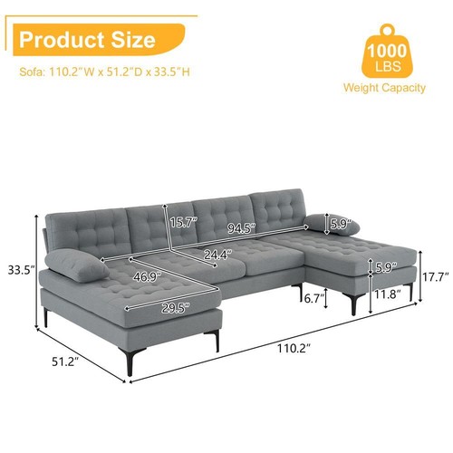 4 Seat Upholstered U-Shaped Sectional Sofa Set 2 Chaise Living Room Light Grey - Picture 3 of 9