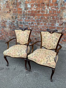 Pair Of Antique Edwardian Mahogany Salon Elbow Chairs Two Bedroom Armchairs Ebay