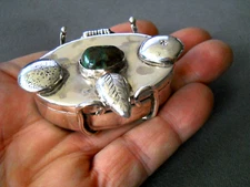 Rare Heavy Handmade Southwestern Chrysocolla Sterling Silver Leaf Hinge Pill Box
