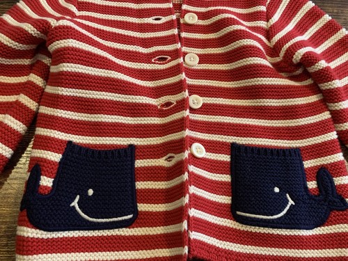 Baby Gap Boy Girl Red White Stripe Hood Blue Whale Cardigan Sweater 18-24 Months - Picture 3 of 6