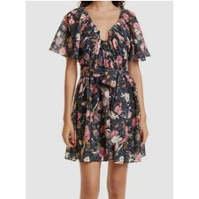 Tanya Taylor Mara Floral Fil Coupe Mini Dress Black Pink Flutter Sleeve Size 8