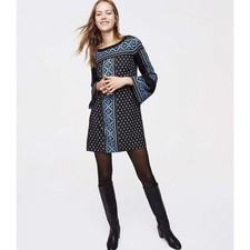 Loft Ann Taylor Multicolor Medallion Bell Sleeve Shift Mod Retro Dress XS Petite