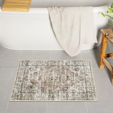 Boho Bathroom Rugs, Distressed Farmhouse Khaki Bath Mat, Comfy Velvet Small Bath