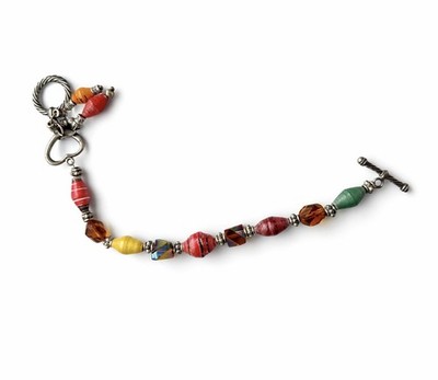 Colorful Paper Bead Charm Bracelet Silver Tone Toggle Boho Artisan Style
