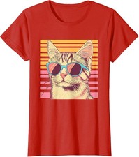 Retro Cat With Sunglasses Colors Vintage Present Ladies' Crewneck T-Shirt