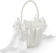 Larger Wedding Flower Girl Basket - Elegant Pearl Handle with Bow Decoration, Iv