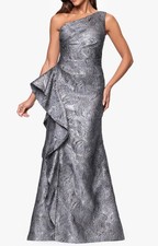 Xscape 53794 Ruffle OneShoulder Jacquard Mermaid Gown SZ 6 ($298) GunMetal