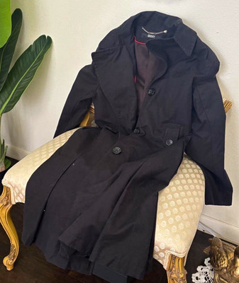 DKNY Women s Black Mid-Length Trench Coat M, Lined Button, Solid Classic