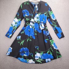 HALSTON Dress Womens Size 4 Black w/ Blue Florals Long Sleeve Belted A-Line NEW