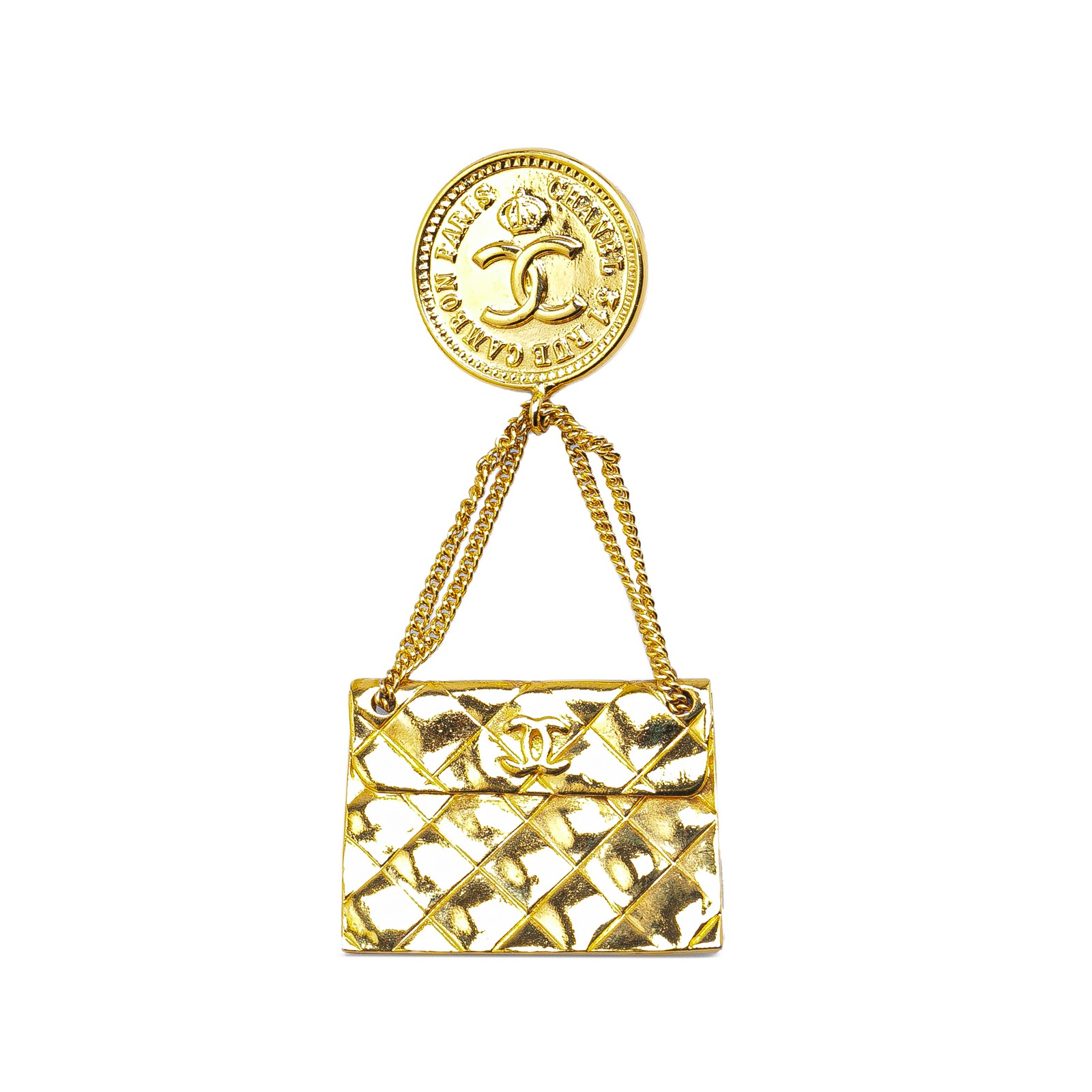 Chanel Gold Plated CC Quilted Flap Bag Brooch Pin  