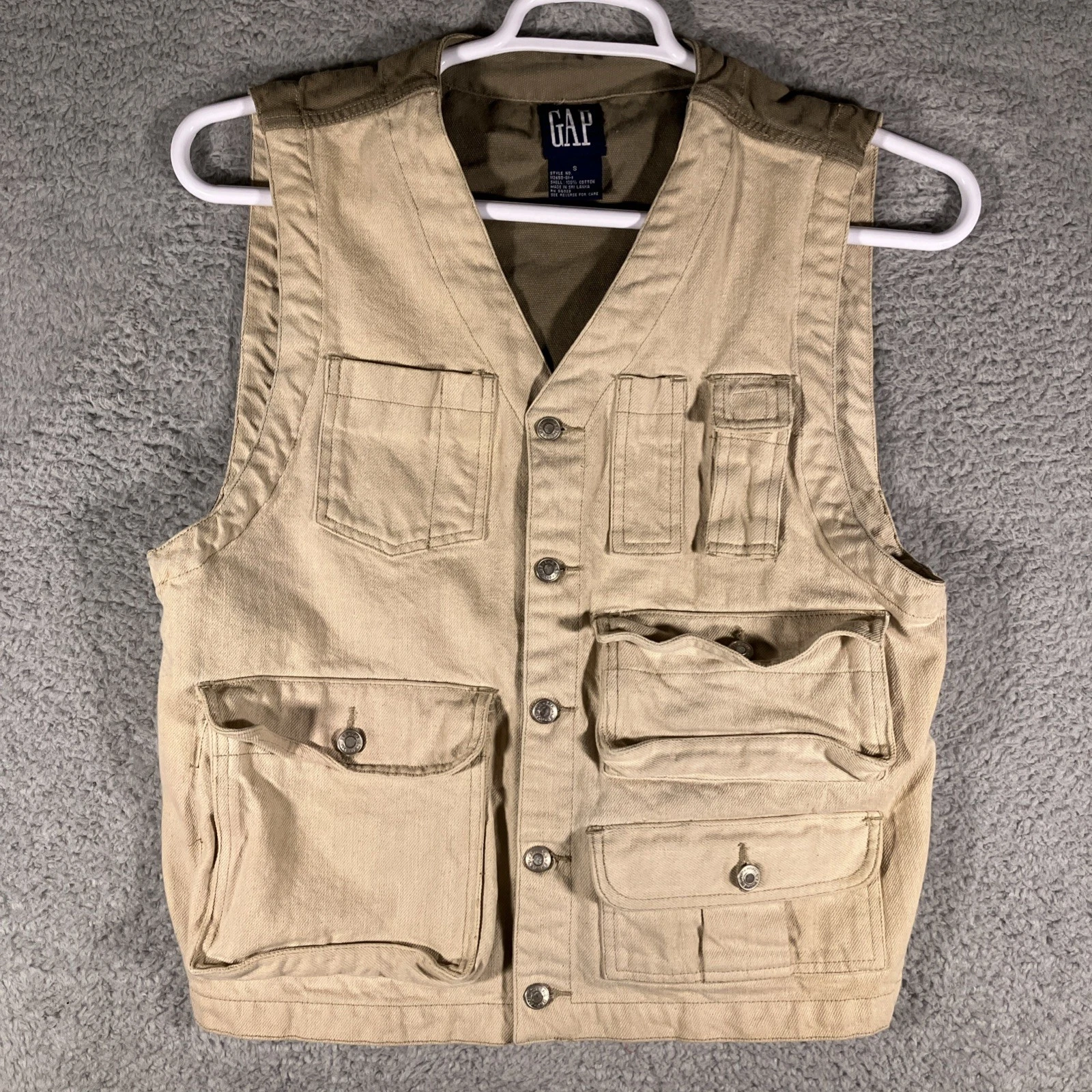 VTG GAP Denim Fishing Vest Mens Small Beige Brown Gear Pockets Outdoors Utility