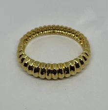 Vintage Gold Tone Wide Clamper Bangle Bracelet Hammered Ribbed Scalloped Hinged