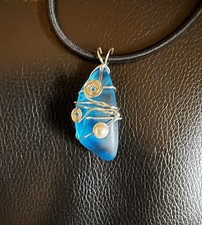 Pendant 2" Blue Sea Glass Wire Wrapped Handmade