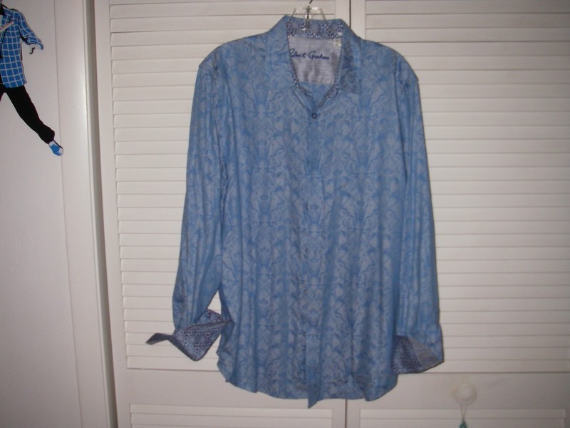 ROBERT GRAHAM LS 2 TONE BLUE FLIP CUFF MEN'S DRESS SHIRT SZ L EUC