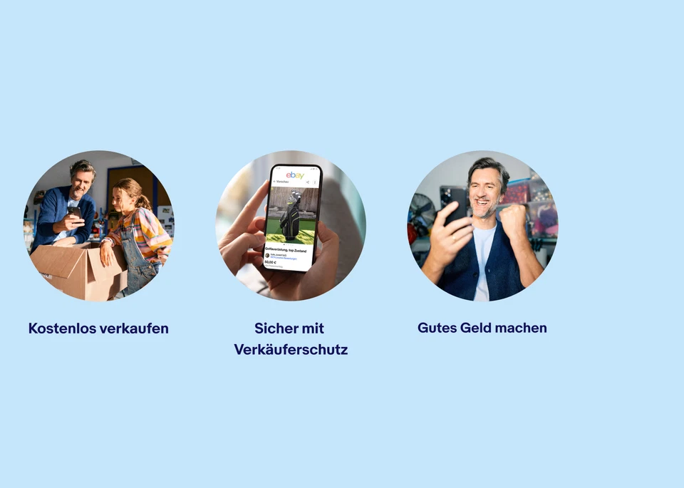 Drei Bilder. Zwei Menschen über einem Paket, Ein Handy in einer Hand, ein Mann, der sich freut