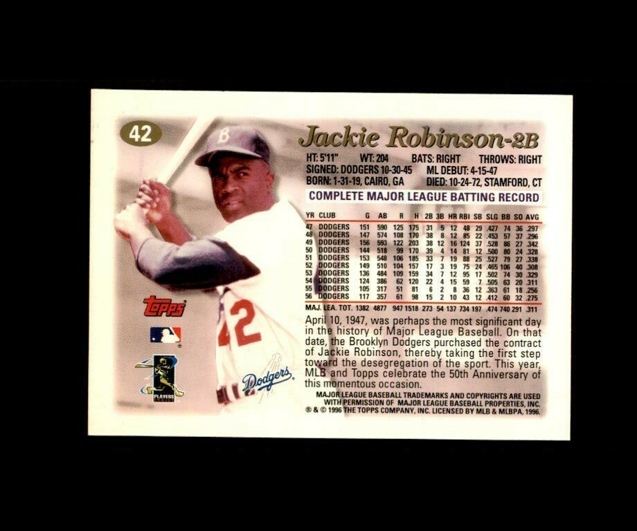 JACKIE ROBINSON 1996 TOPPS COMMEMORATIVE BASEBALL CARD-#42 DODGERS