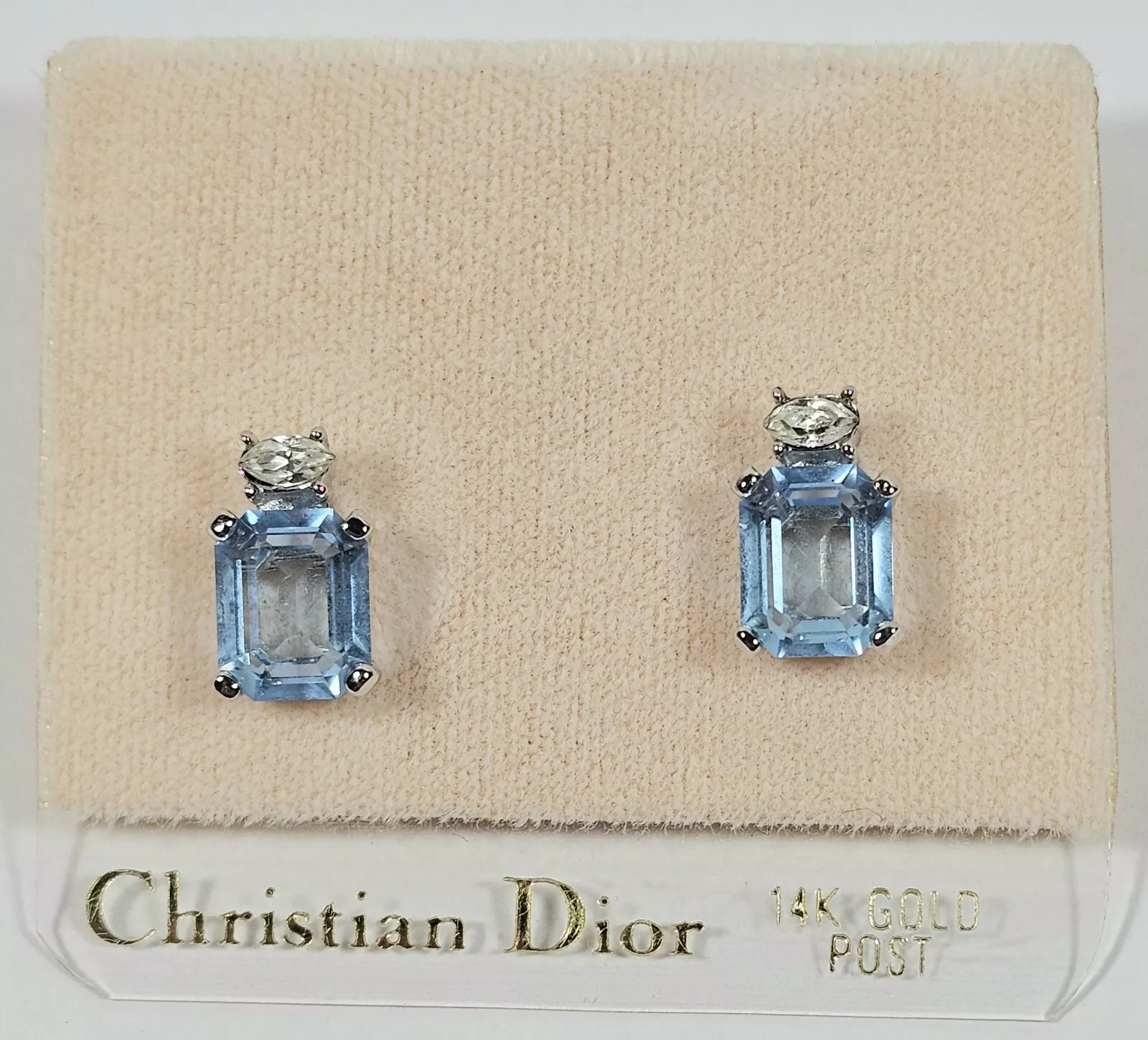 Boucles d'oreilles cristal bleu Christian Dior ton or sur carte originale poteaux or 14 carats