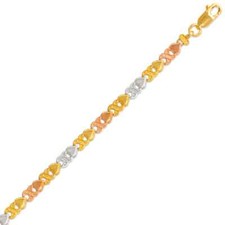 14K Tri Color Gold Faceted Diamond Cut Bracelet 4 mm 7" Chain Heart Design