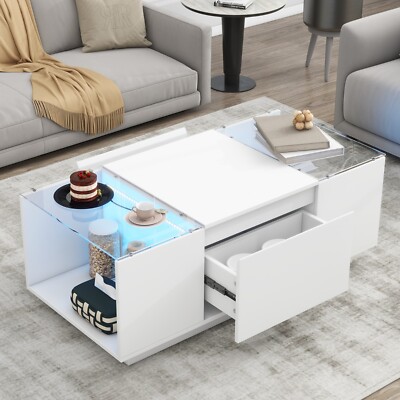Modern LED Coffee Table Glass Top Center Table With Storage Drawers Compartments