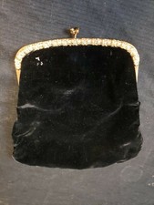 Vtg GARAY Black Fold Over Clutch 50s Gold Kiss Lock Handbag Rhinestone Flower