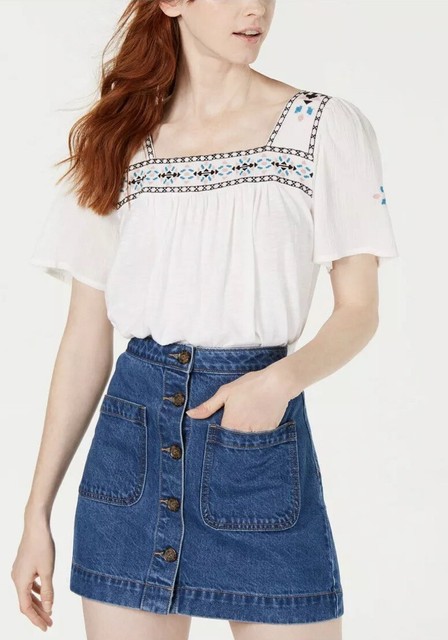 Lucky Brand Square Neck Embroidered Peasant Blouse X-Small NWT White | eBay