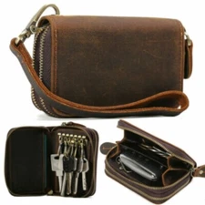 Brown Coin Purse Unisex Cow Leather Key Card Holder Bag Small Wallet Zip Around