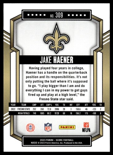 2023 Score Jake Haener Rookie New Orleans Saints #309 - Foto 2 di 2