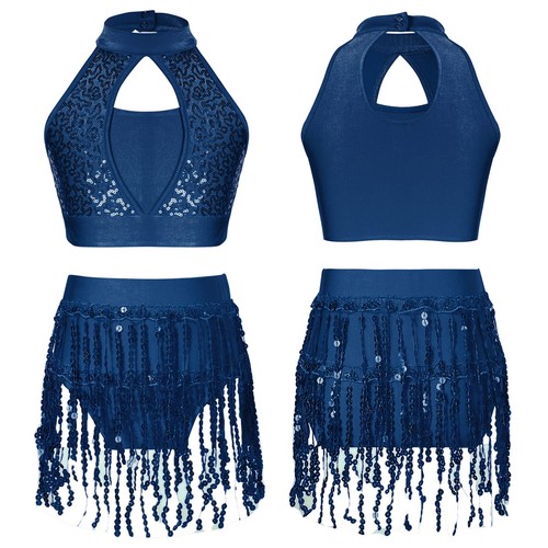 AU Girls Sequins Crop Top with Fringe Shorts Modern Jazz Latin Samba Dancewear - Picture 50 of 120