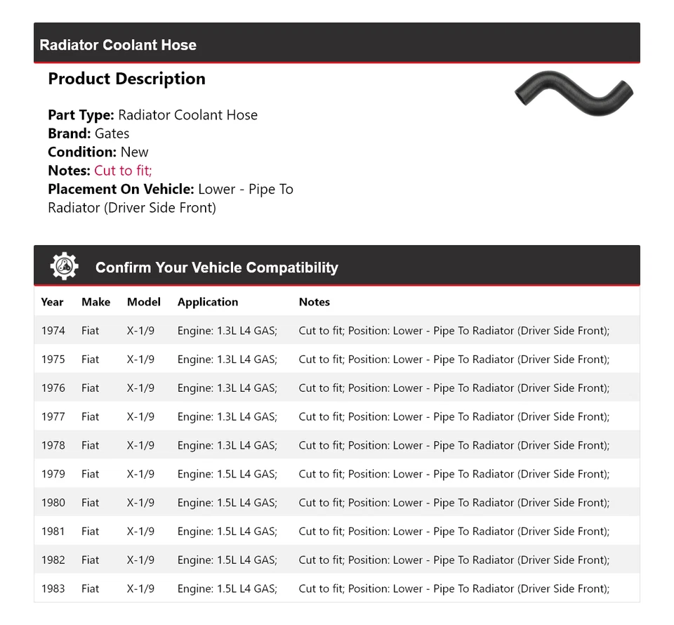 For 1974-1983 Fiat X-1/9 Radiator Coolant Hose Gates 1975 1976 1977 1978 1979 - Image 2 of 4