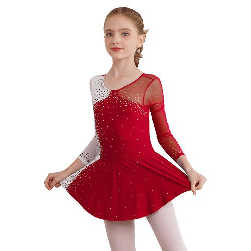 Kids Girls Leotard Rhinestone Dance Dress Ice Roller Gymnastics Skating Outfit - Picture 11 of 98