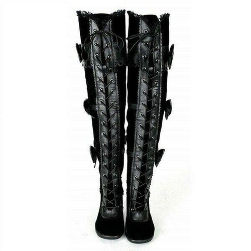 Gothic Women High Heel Lace Up Steampunk Victorian Thigh High Pirate Boots Shoes - Picture 6 of 12