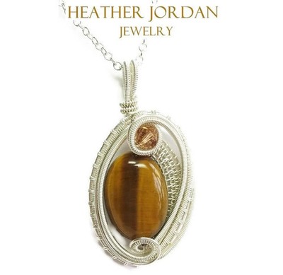Woven Tiger Eye Pendant: Sterling Silver Wire-Wrapped Oval with Austrian Crystal