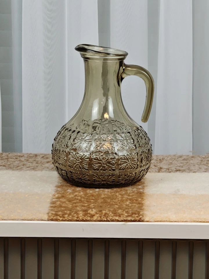 Vintage Italian Smoked Glass Water Pitcher Decanter Embossed Floral 1960s 1970s - Bild 1 von 4