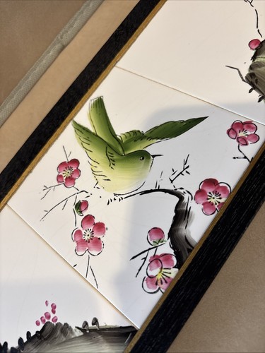 2 japanische Triptychon Fliese Wandbilder gerahmte Tafeln handverziert signiert Vintage - Bild 4 von 10