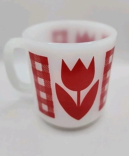 Vintage Glasbake Red Gingham Tulips Milk Glass Coffee Mug 1960’s Retro Farmhouse
