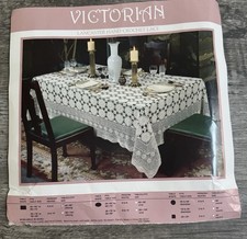 VTG Victorian Hand Crochet Beige Medallion Lace Table Cloth Oblong 68x86