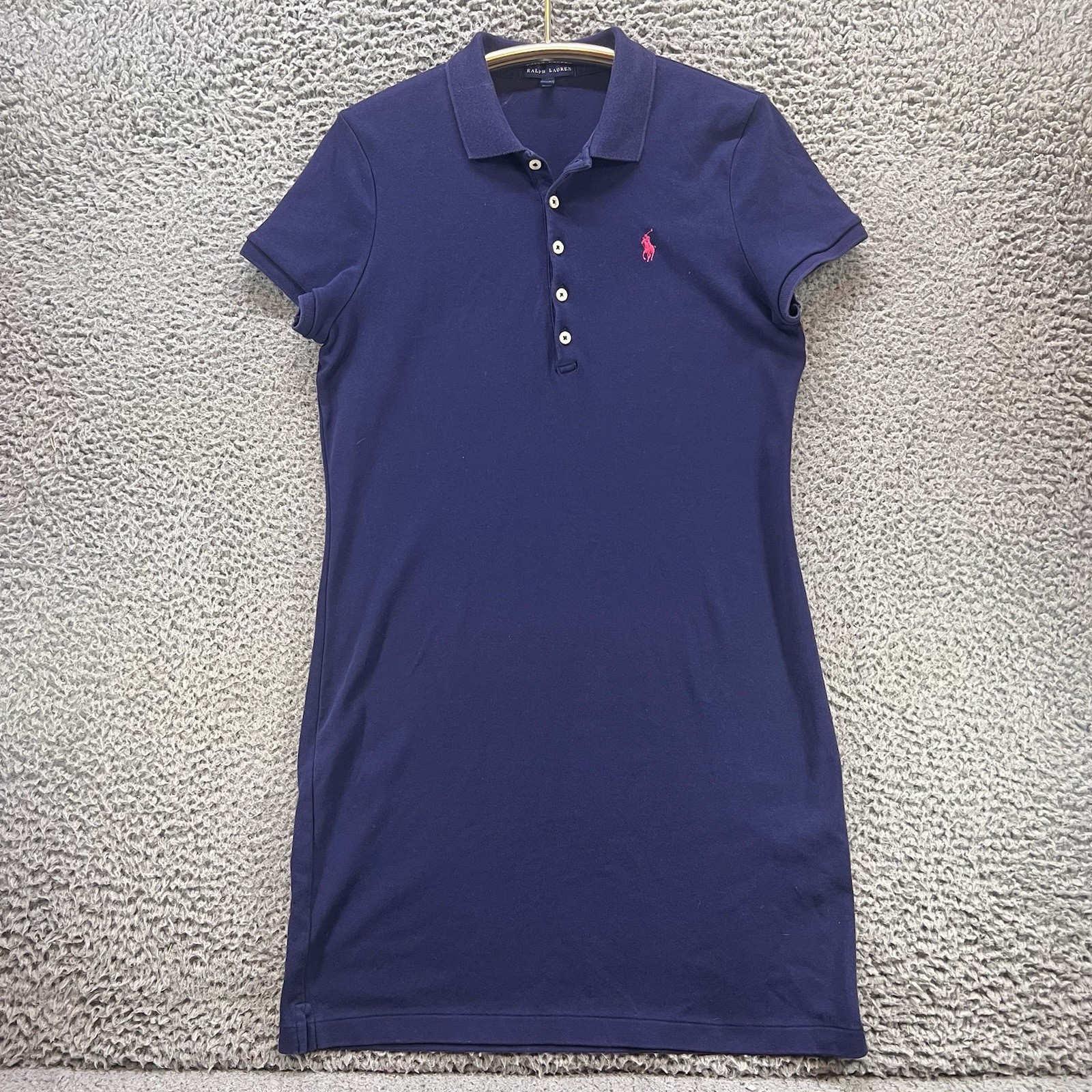 Ralph Lauren Womens Large Navy Blue Polo Shirt Dress Pink Pony Logo Short Sleeve