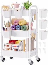 3 Tier Rolling Cart Metal with Wheels, White Three Tiered Craft Cart Organizer