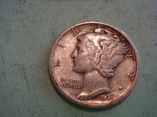 1936 S  Mercury Dime - Fine cond album filler w/tarnish , actual coin in photo