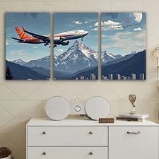 3pcs Frameless Canvas Wall Art - Airplane Flying Over Mountain Landscape Triptyc