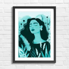 Boho Girl With Closed Eyes Portrait Teal Framed Wall Art Print Large Picture