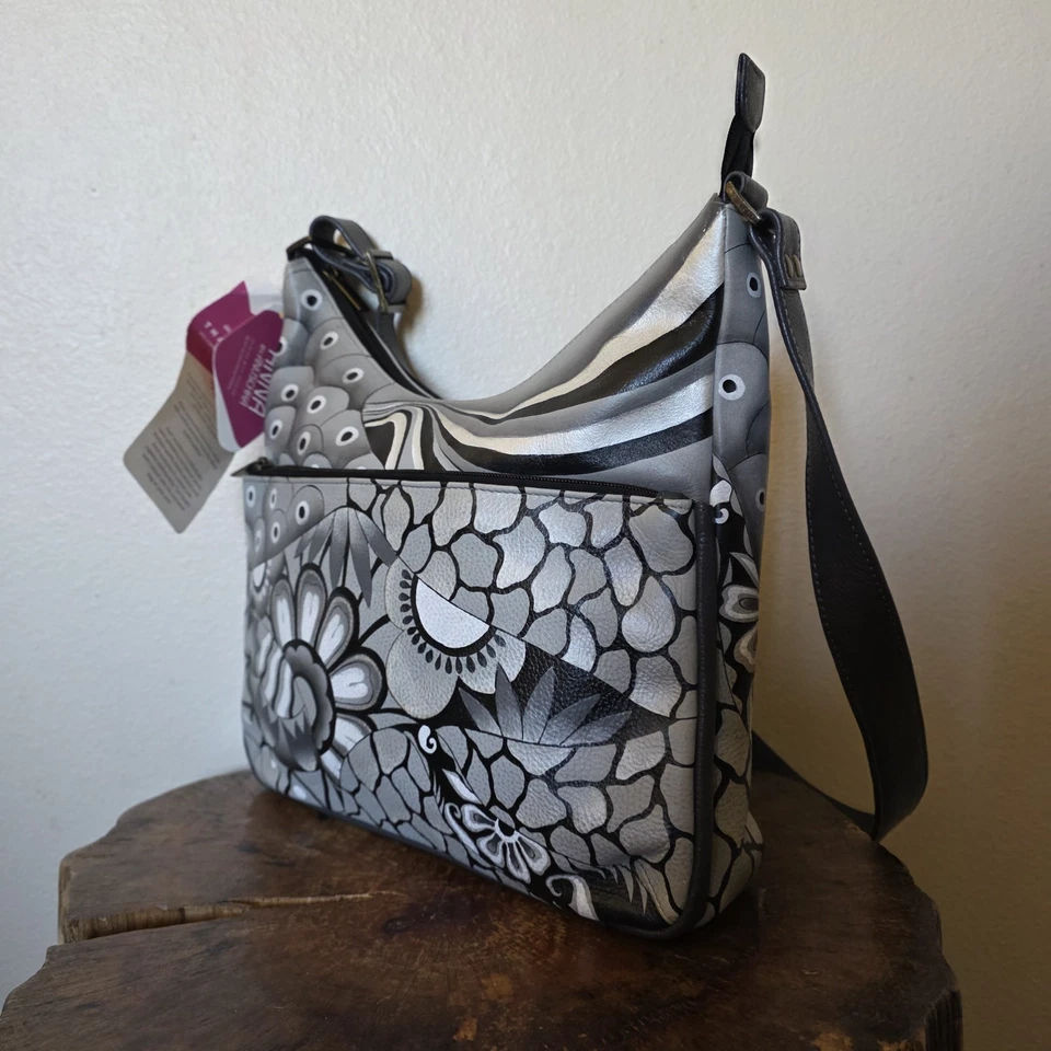 Anuschka Medium Hand Painted Leather Hobo Bag Patchwork Pewter Black Floral NWT - Image 2 of 4