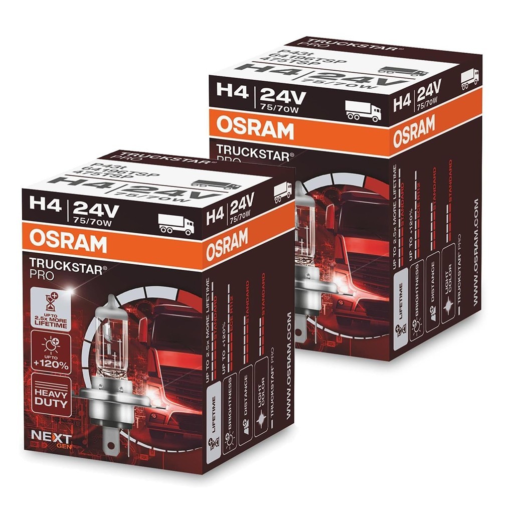 2x OSRAM H4 TRUCKSTAR PRO 24v 75/70W BULBS +120% EXTRA LIFETME