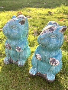 A Pair Of Vintage 9” Ceramic Squirrel Figurines Turquoise Blue Glazed FAST SHIP