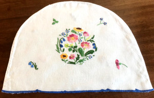 Vintage Hand Embroidered Tea Cosy Cover white Linen 15x11 Inches