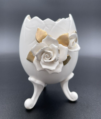 VTG Easter Spring Napco Egg Vase Planter White / Gold Trim ''Alaskan Rose'' READ