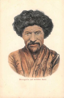 MONGOL NATIVE MAN, POSED IMAGE, DUTCH TOWN STORE CHOCOLATE ADV ON BACK c 1902 