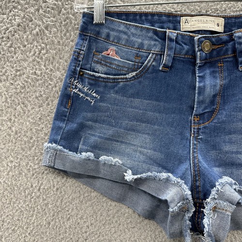 Angel Kiss Shorts Juniors 5 Blue Denim Floral Embroidered Cuff Shorts Junior's 5 - Picture 5 of 14