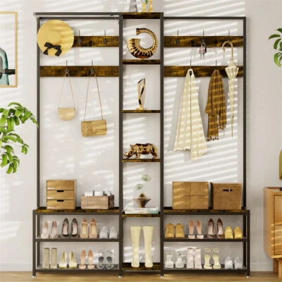 UNHO Garderobenständer mit 10 haken Schuhregal mit Sitzfläche Metall-Eckgarderobe XXL